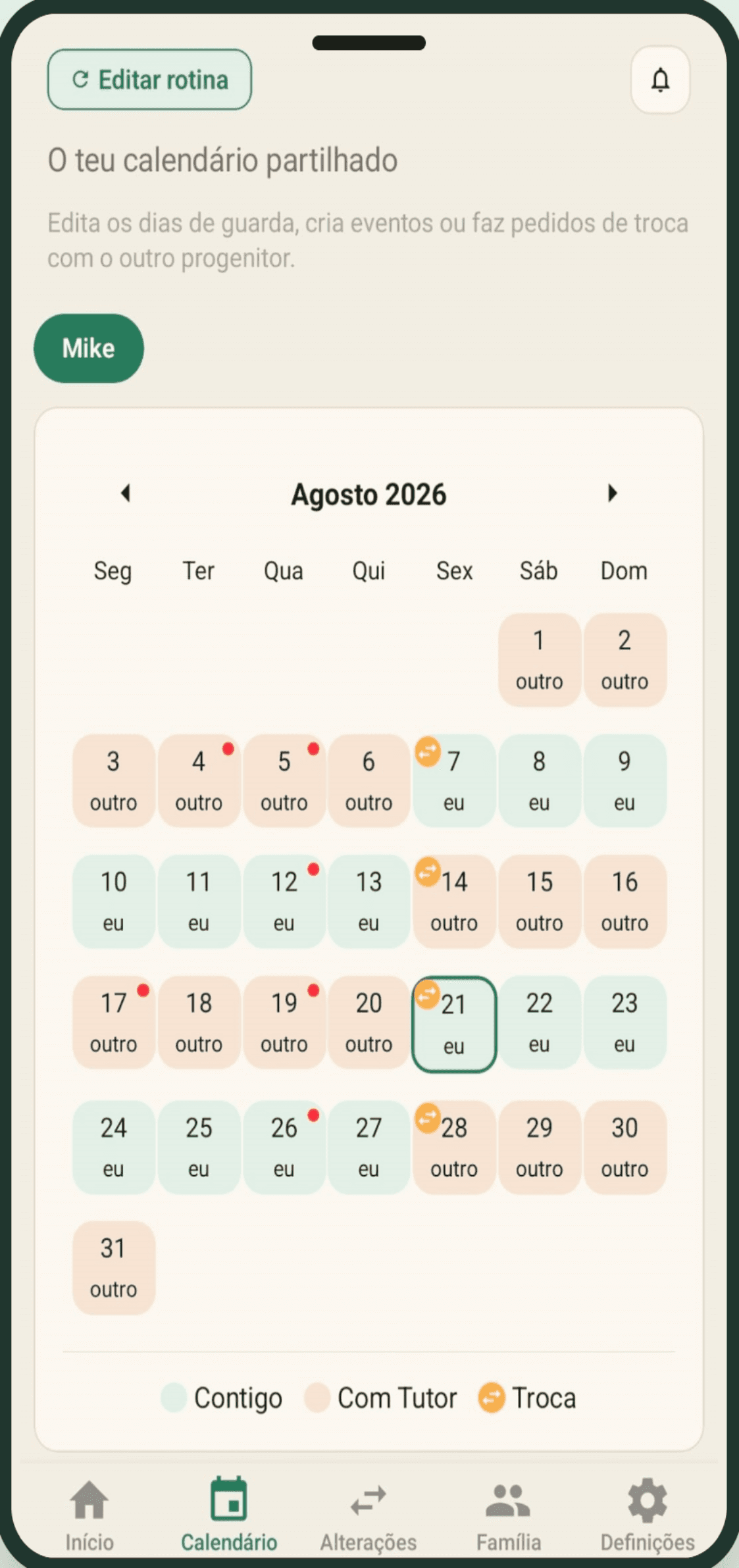 Aplicação Jebby a mostrar um calendário de guarda partilhada entre dois progenitores