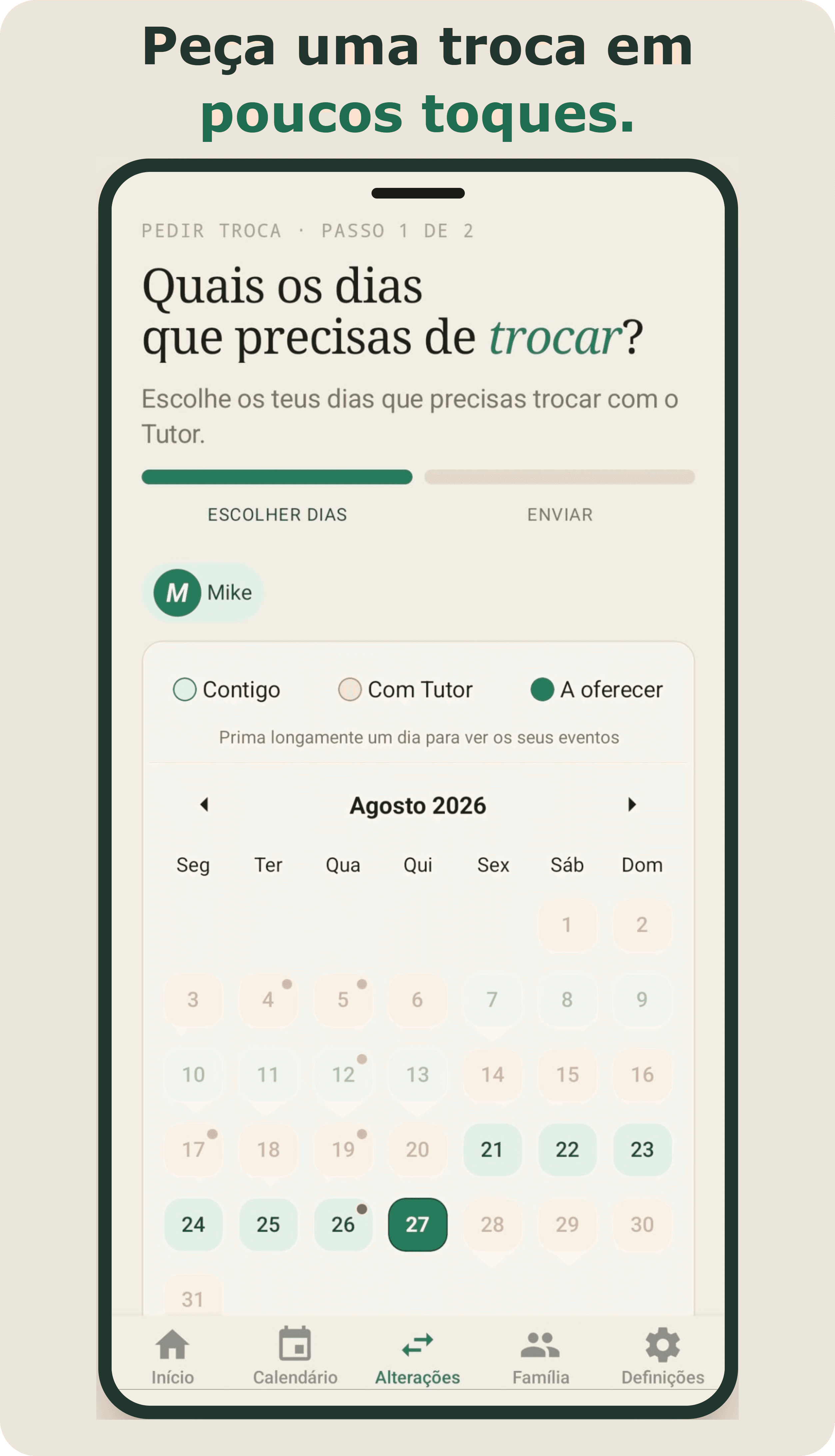 Ecrã da aplicação Jebby com um pedido de troca de dia enviado entre dois coprogenitores a aguardar aprovação